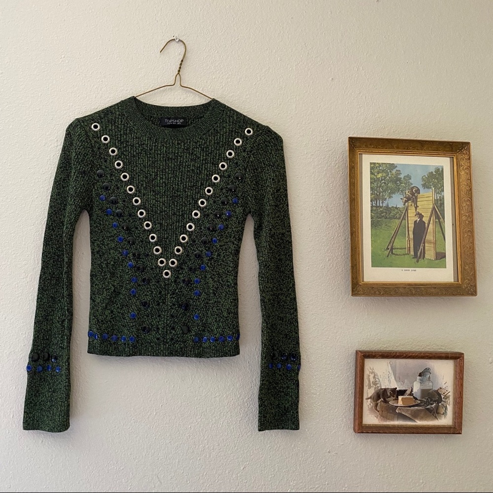 Green TopShop sweater with rivets